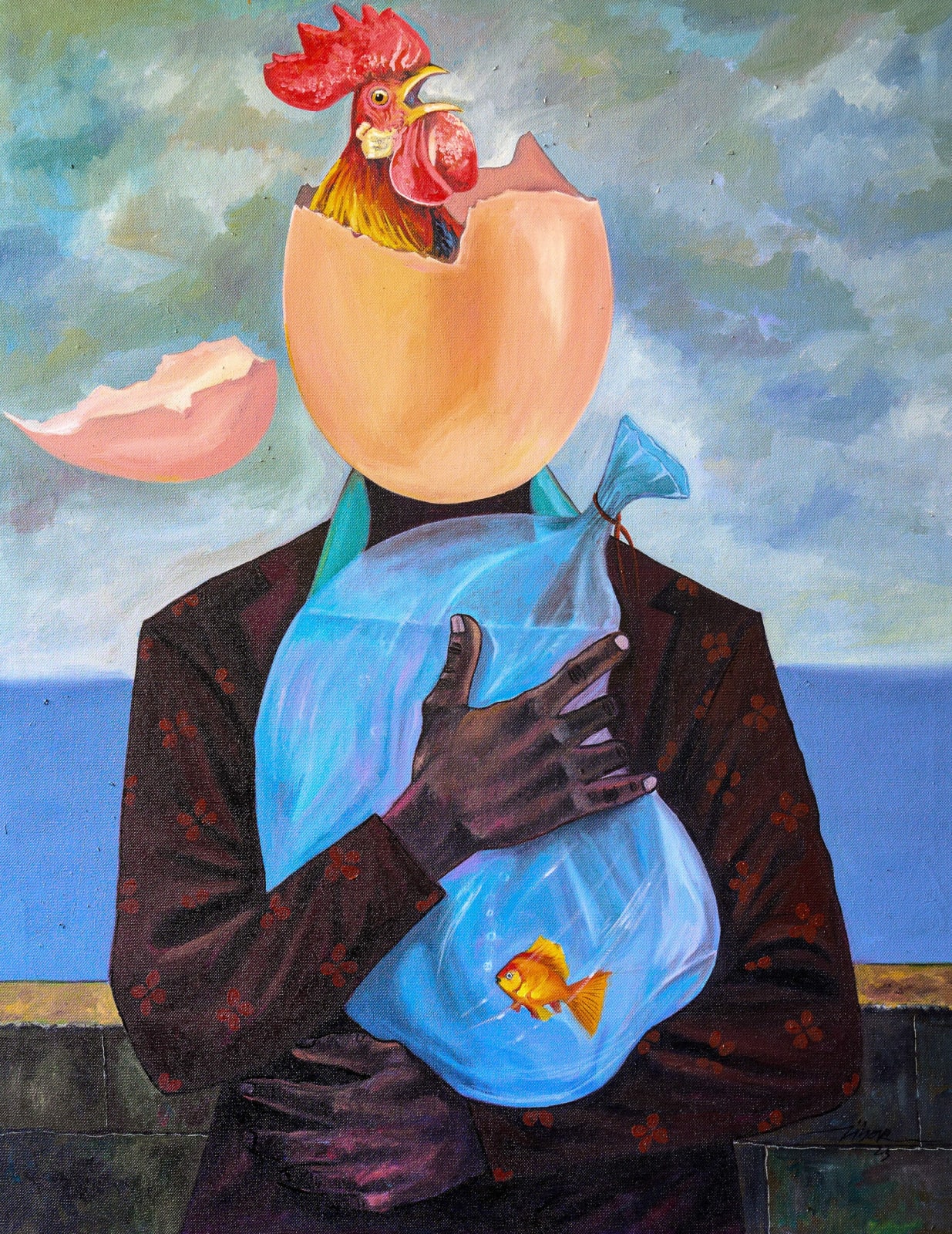 Moses ZIBOR, Broken egg, rooster and golden fish, 2022