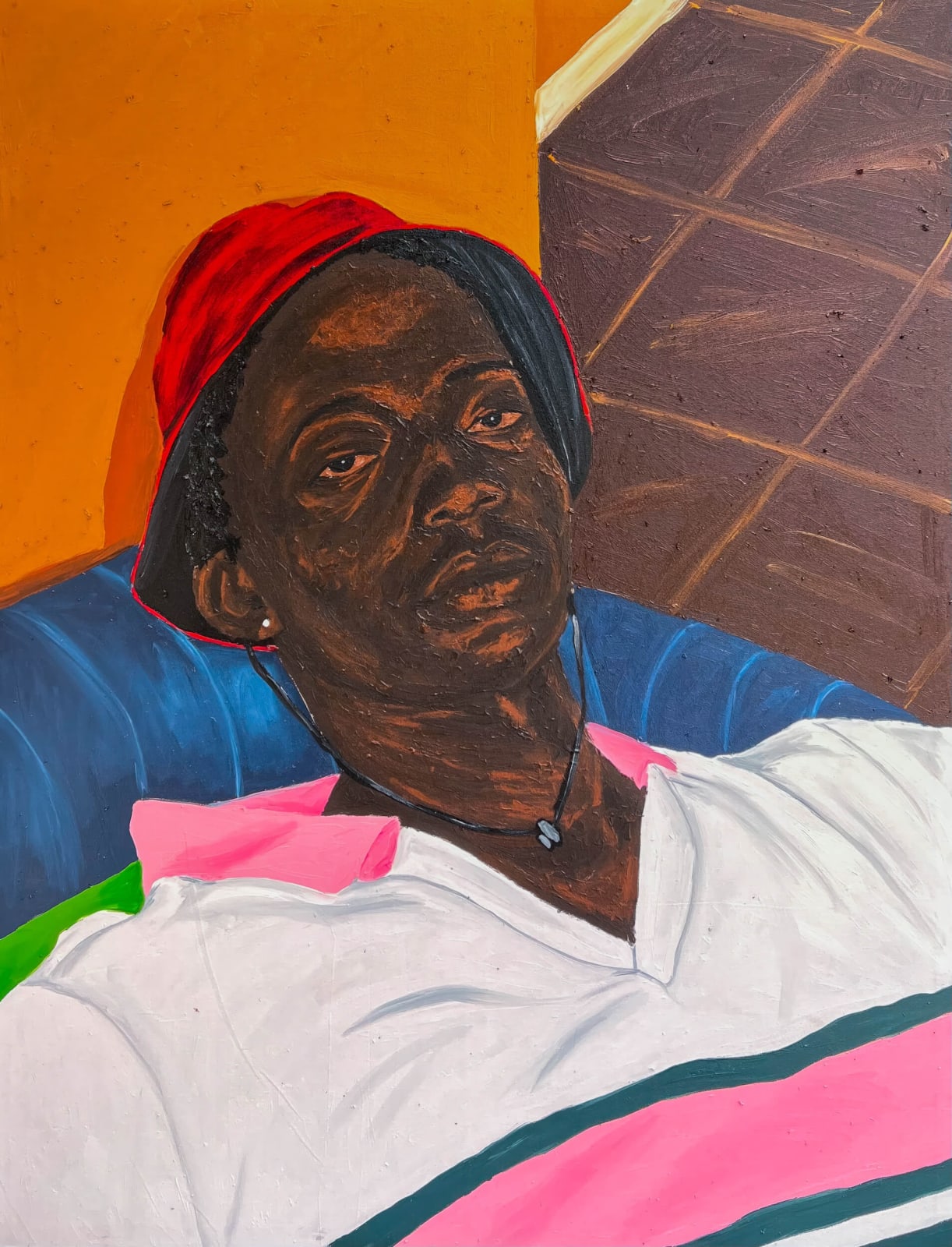 Matthew Eguavoen - Red bucked hat - 2023 - 130cm H x 100cm W - Oil and acryli on canvas