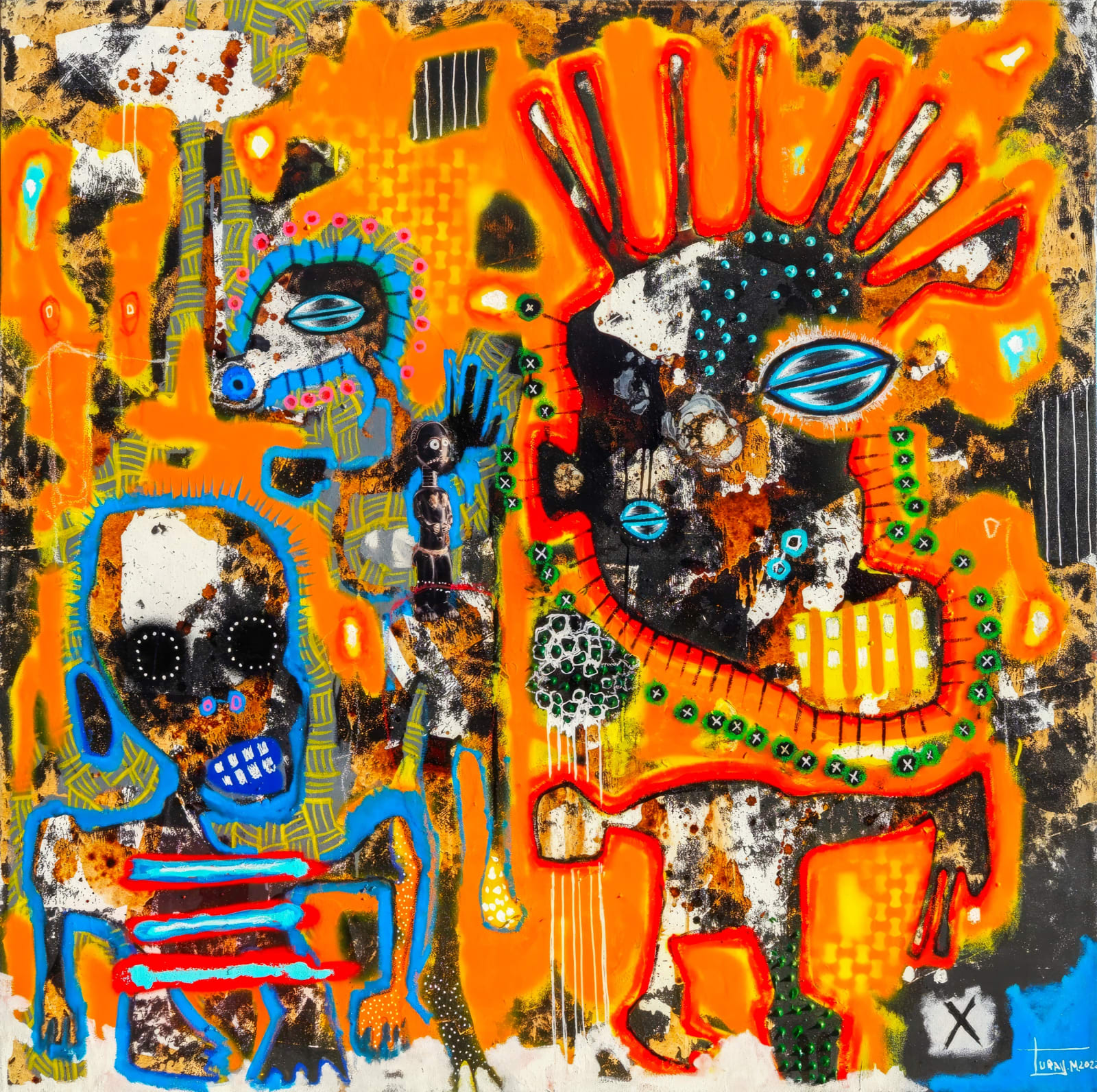 Mederic Turay - Origin of the Sun - 2022 - 150cm x 150cm - Oil, acrylic, spray, collage, coffee and natural pigments on canvas