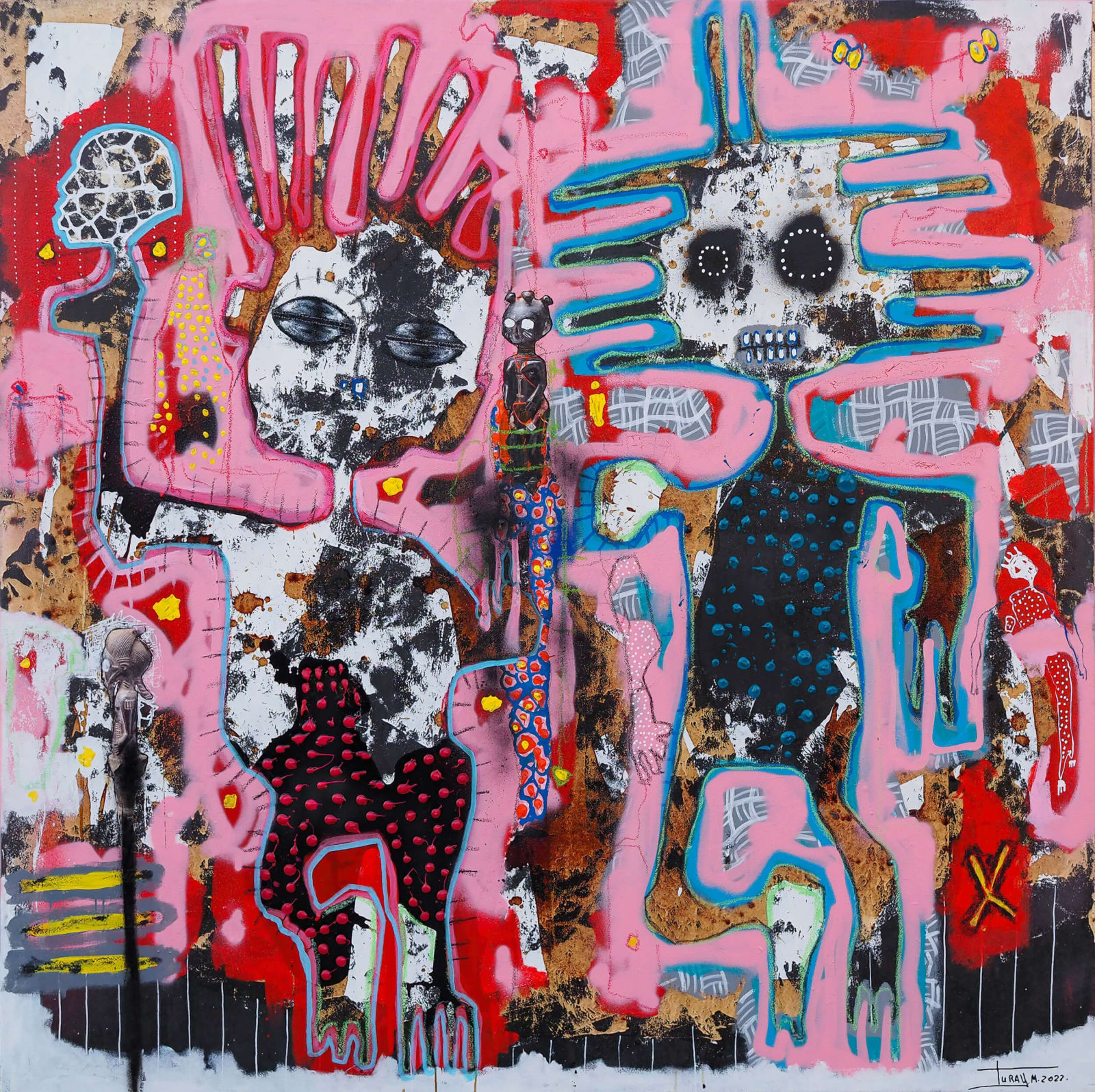 Mederic Turay - La vie en rose - 2022 - 150X150cm - Acrylic, oil, collage, coffee & colour pigments on canvas