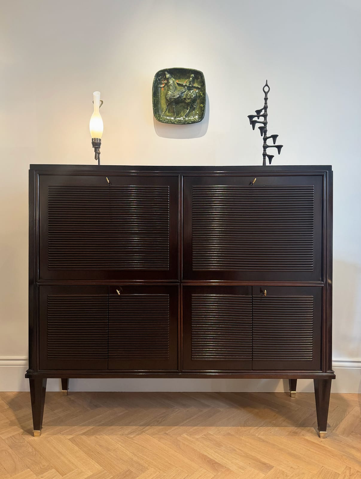 Italian, A Large Reeded Cabinet with Fold Out Desk, Mid century