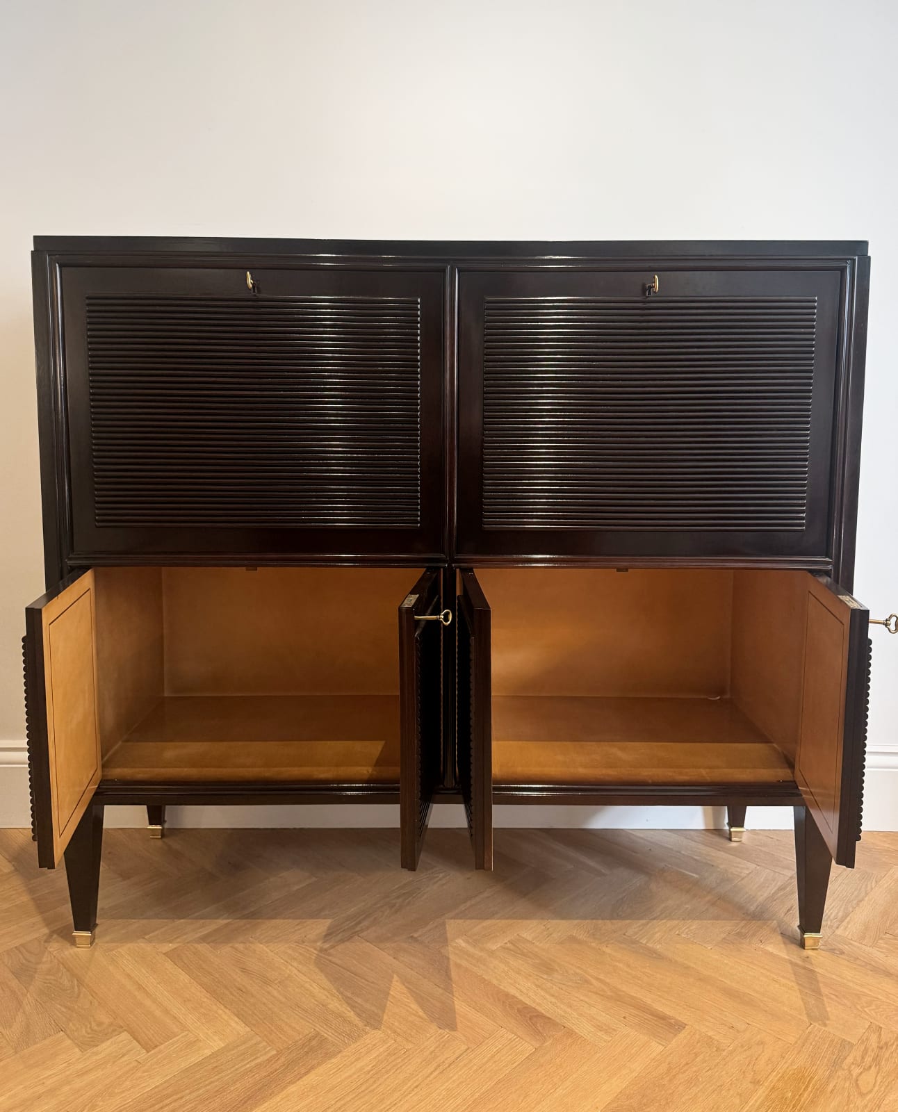 Italian, A Large Reeded Cabinet with Fold Out Desk, Mid century