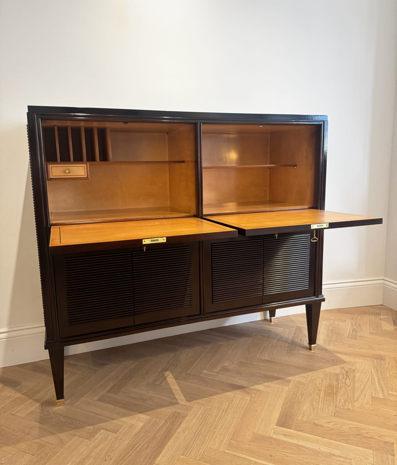 Italian, A Large Reeded Cabinet with Fold Out Desk, Mid century