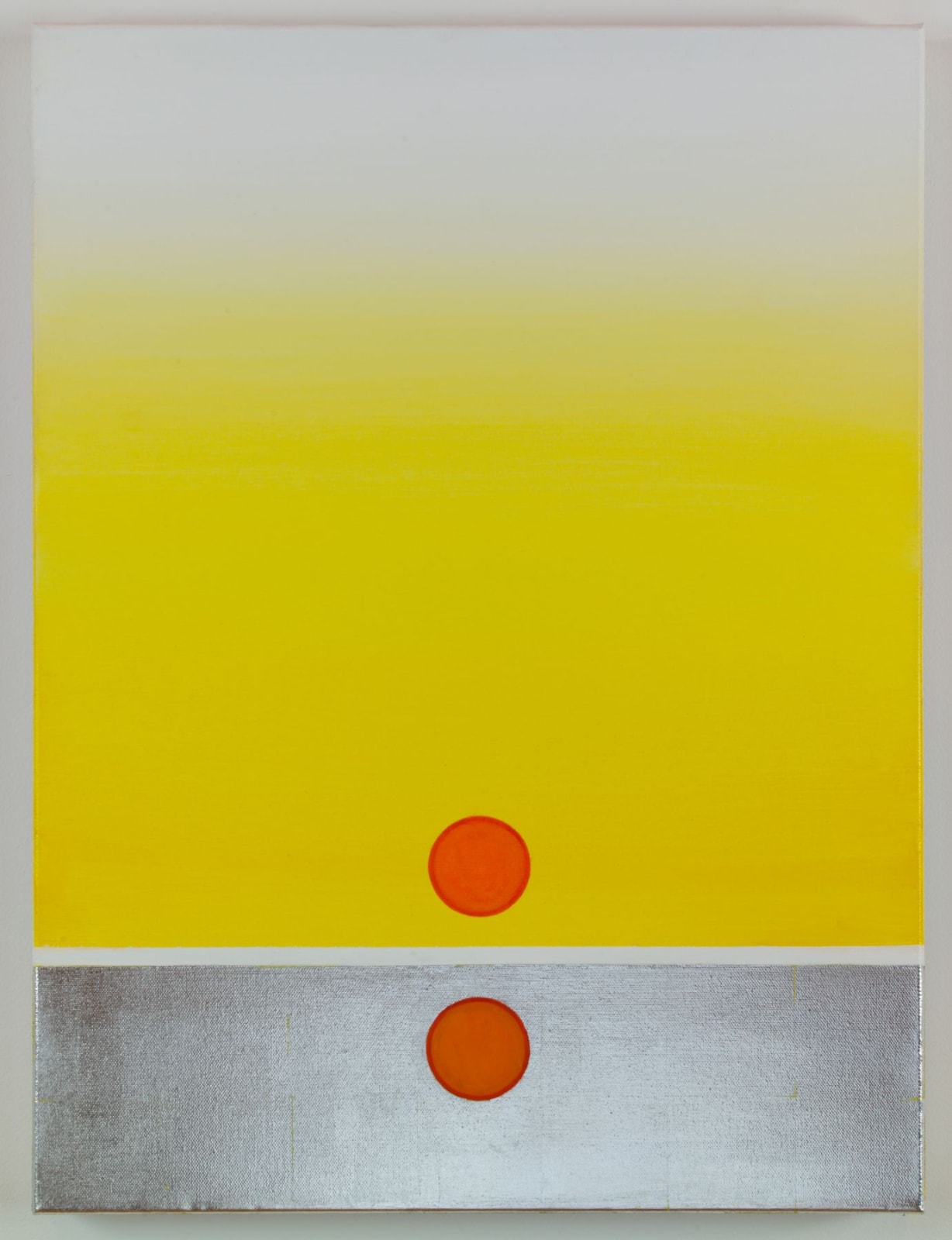 Lisa Beck, Nearing, 2017, aluminum leaf, acrylic paint, oil paint, and enamel paint on canvas, 24 x 18 inches