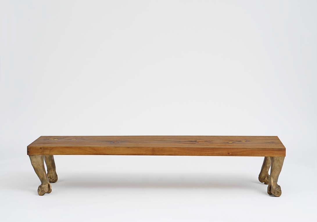 Jimmie Durham - LABINAC, Wood Bench with Bronze Bone Legs, 2018 - ongoing