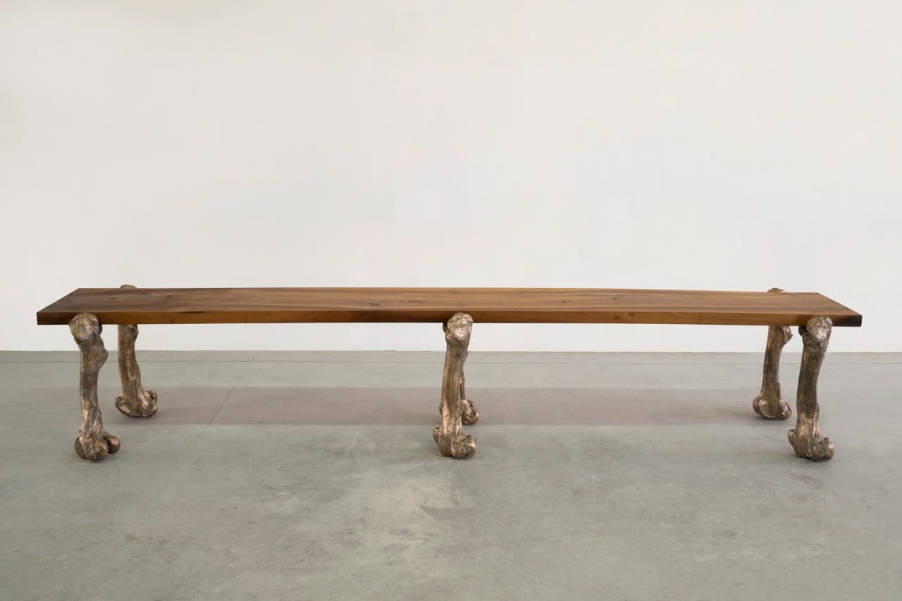 Jimmie Durham - LABINAC, Black Walnut Bench with Bronze Bone Legs, 2021