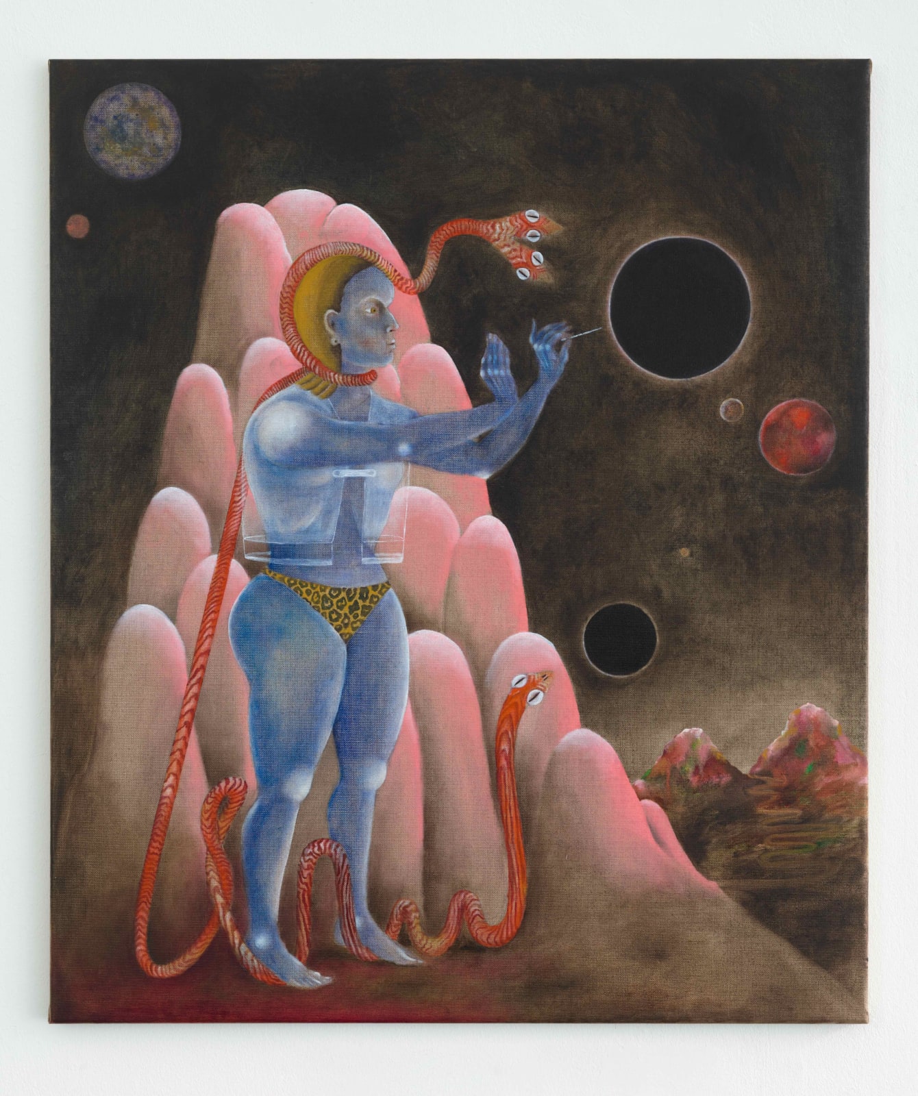 blue figure standing in fantastical scene with snakes