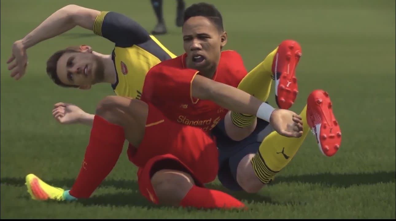 detail of Kris Pierce video, men on soccer field entangled with one another
