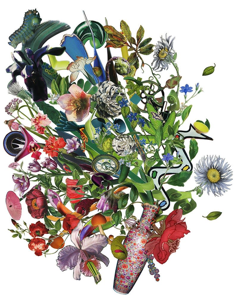 Monique Motut-Firth, Tipping Point: vase, flower, tire, bird, 2019