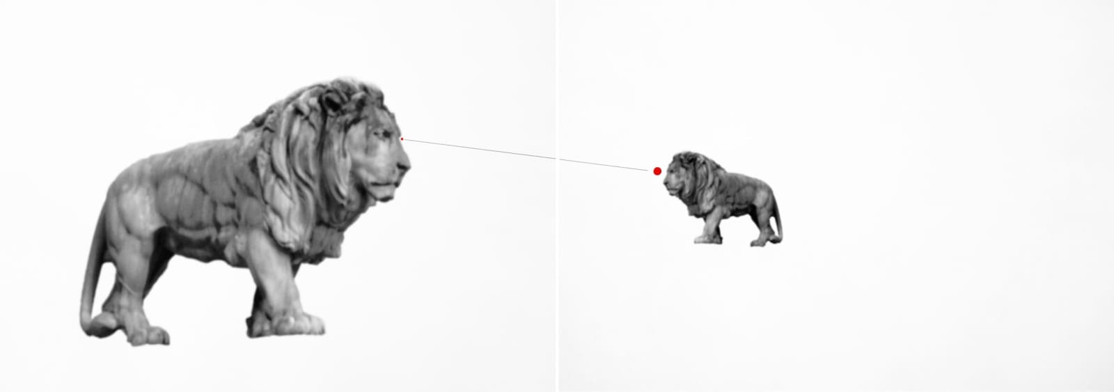 A large and a small two lions standing opposite each other, with lines linking them in the middle