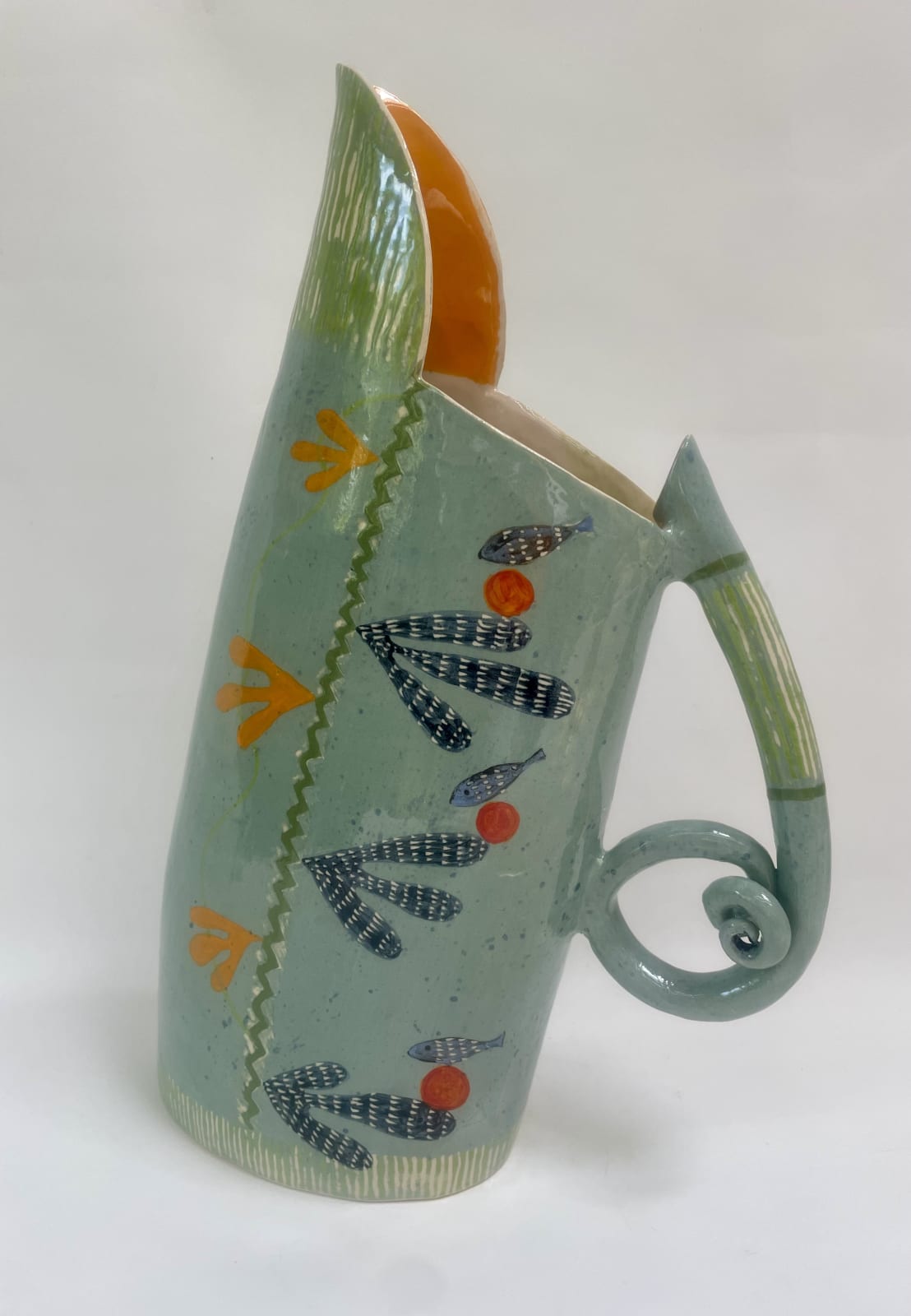 Laurance Simon, Green Jug with Blue Fish & Orange Seaweed
