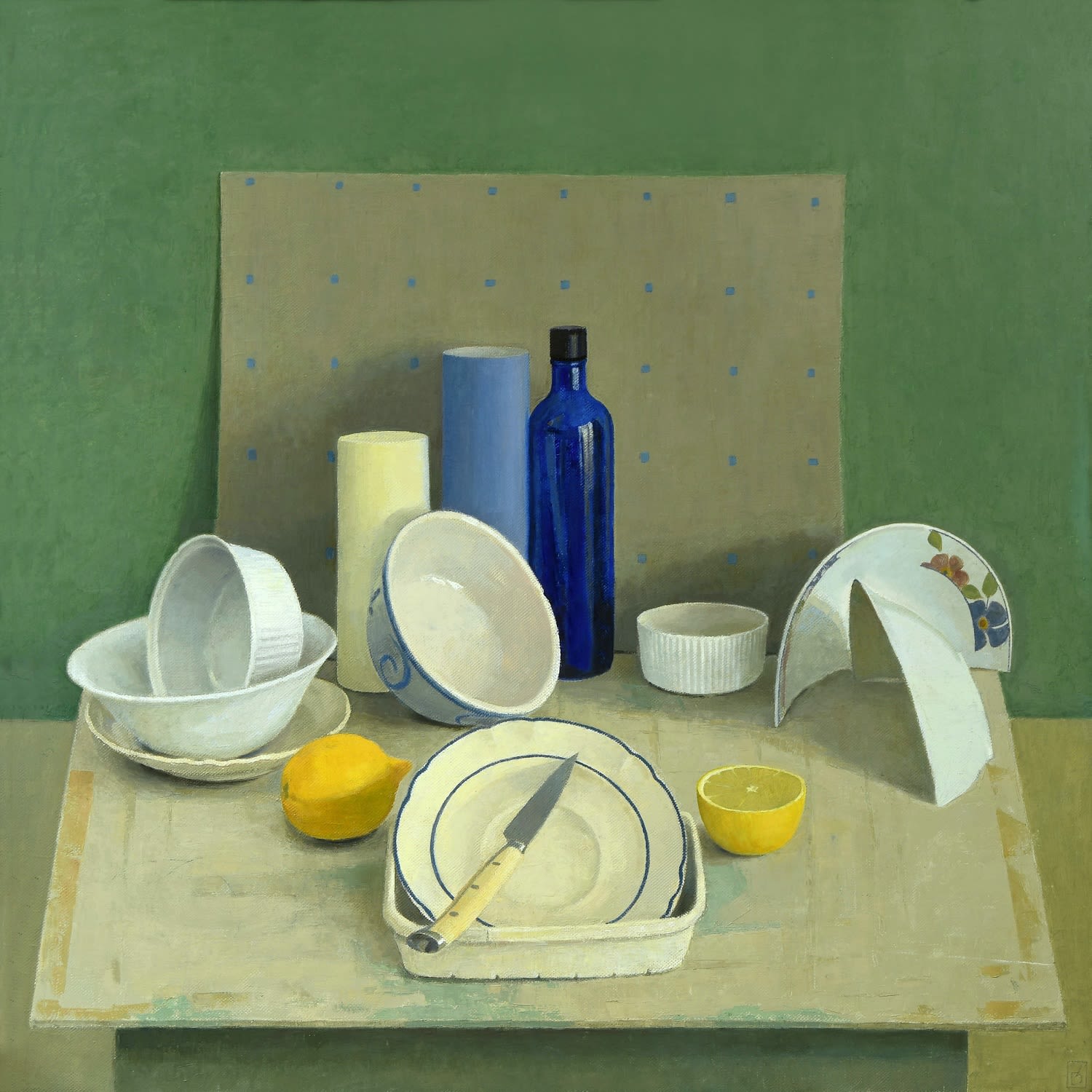 Still Life with Bowls Bottle and Lemons By Joe Dunne RHA