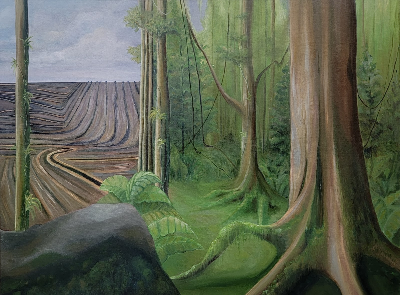 College 1st Place $500 RYLEE EWERT (BAYLOR UNIVERSITY) THE FELLING OF A LEAFY SHELTER [86], 2021 Oil on canvas