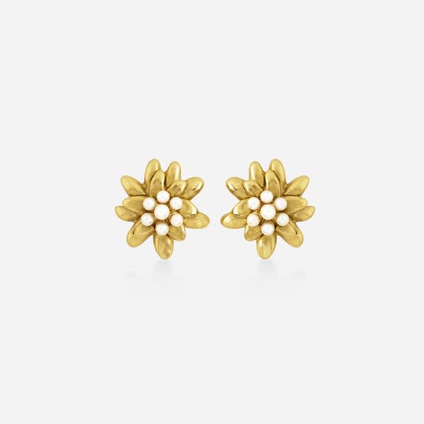 Janet Mavec, 18K Gold and Cultured Pearl Dahlia Earrings