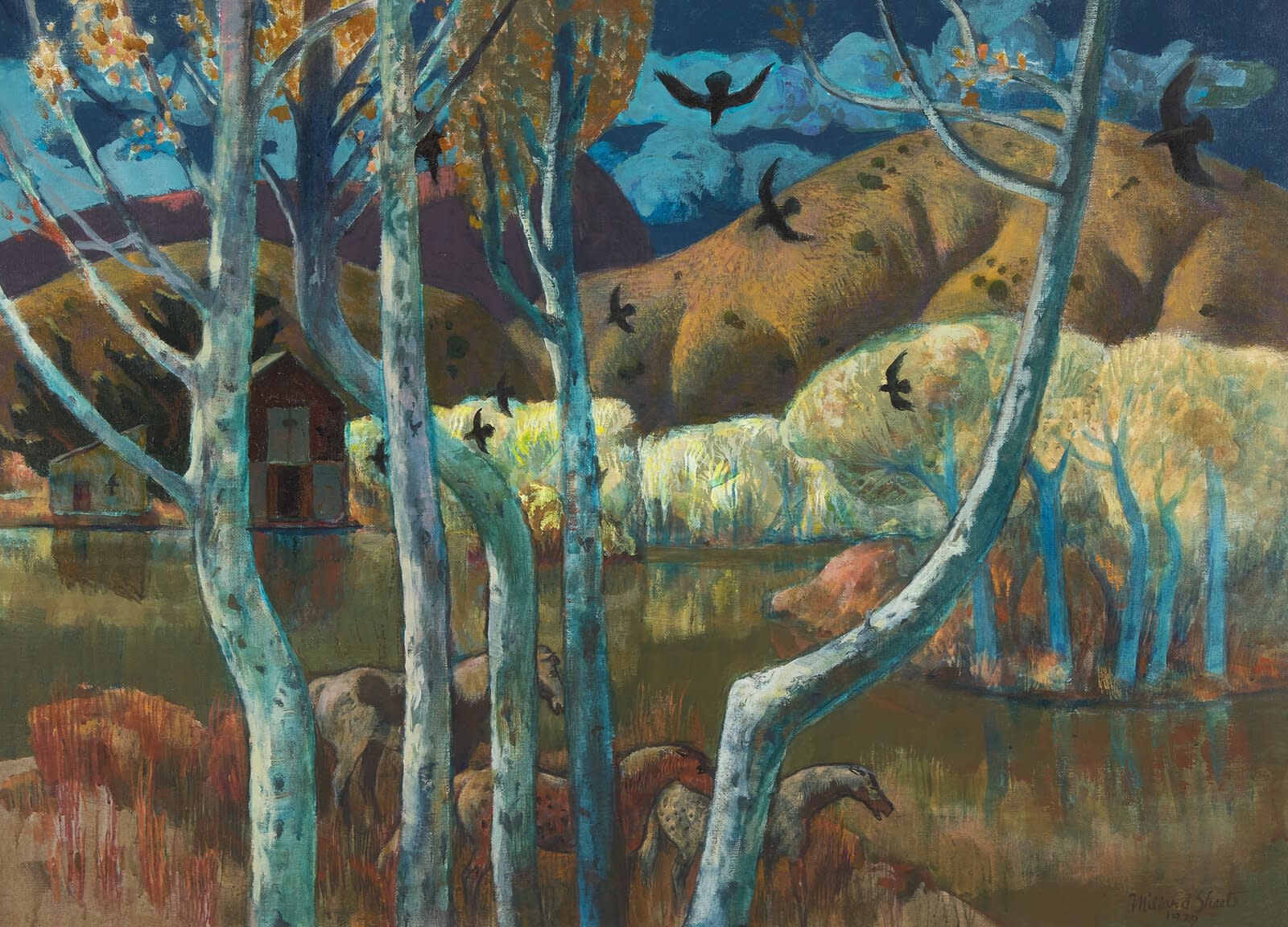 Millard Sheets, A Magical Place (Landscape with Horses and Crows), 1979
