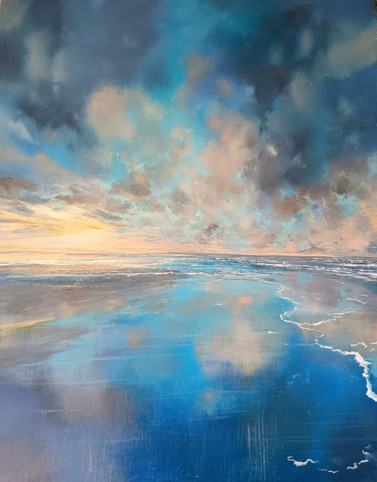 original artwork by allison riddell at alchemist gallery dingwall exhibition woolie hats and wellies Dornoch embo artwork mixed media acrylic and oil scottish scenery landscape inspired by the coast dornoch firth original artwork reflections dornoch beach