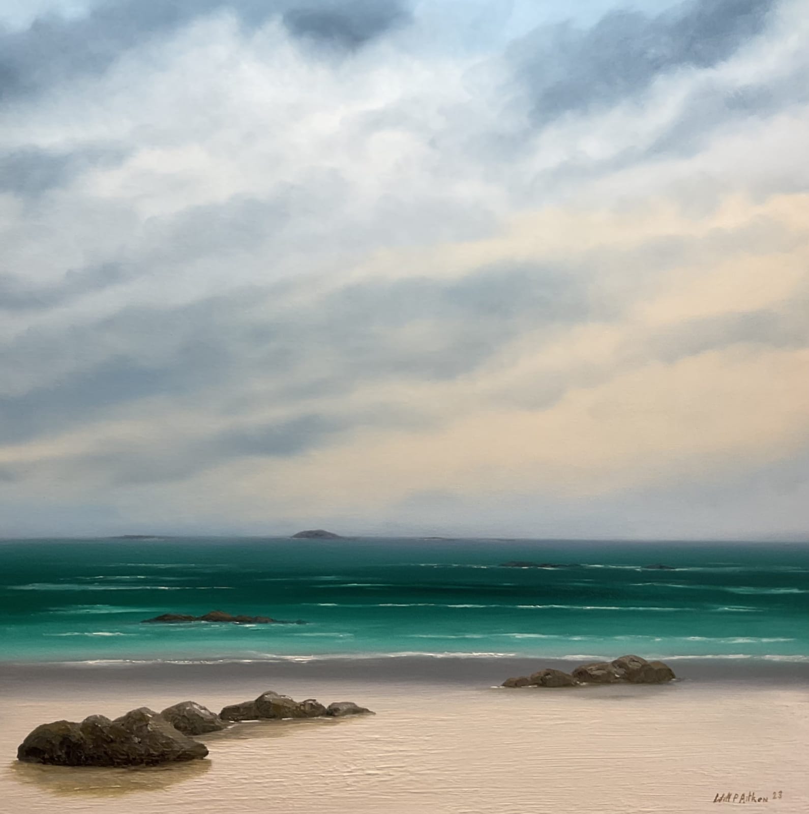 buy local art Will P Aitken at Alchemist Gallery Dingwall Prince's Bay Eriskay oil on canvas painting beach landscape sky clouds