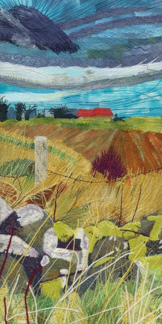 Donna Cheshire at Alchemist Gallery Dingwall Textile Art Across the Fields embroidery stitch landscape hand dyed fabric