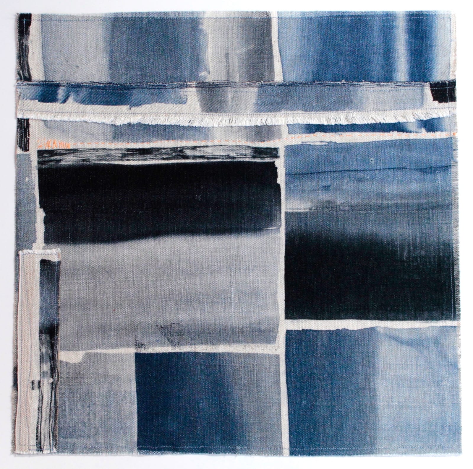 buy textile art artist original Aimee Coulshed Highlands Scottish square framed textile art monoprint organic stitch resist linen patchwork with embroidery Into the Blue Duncan of Jordanstone Dundee