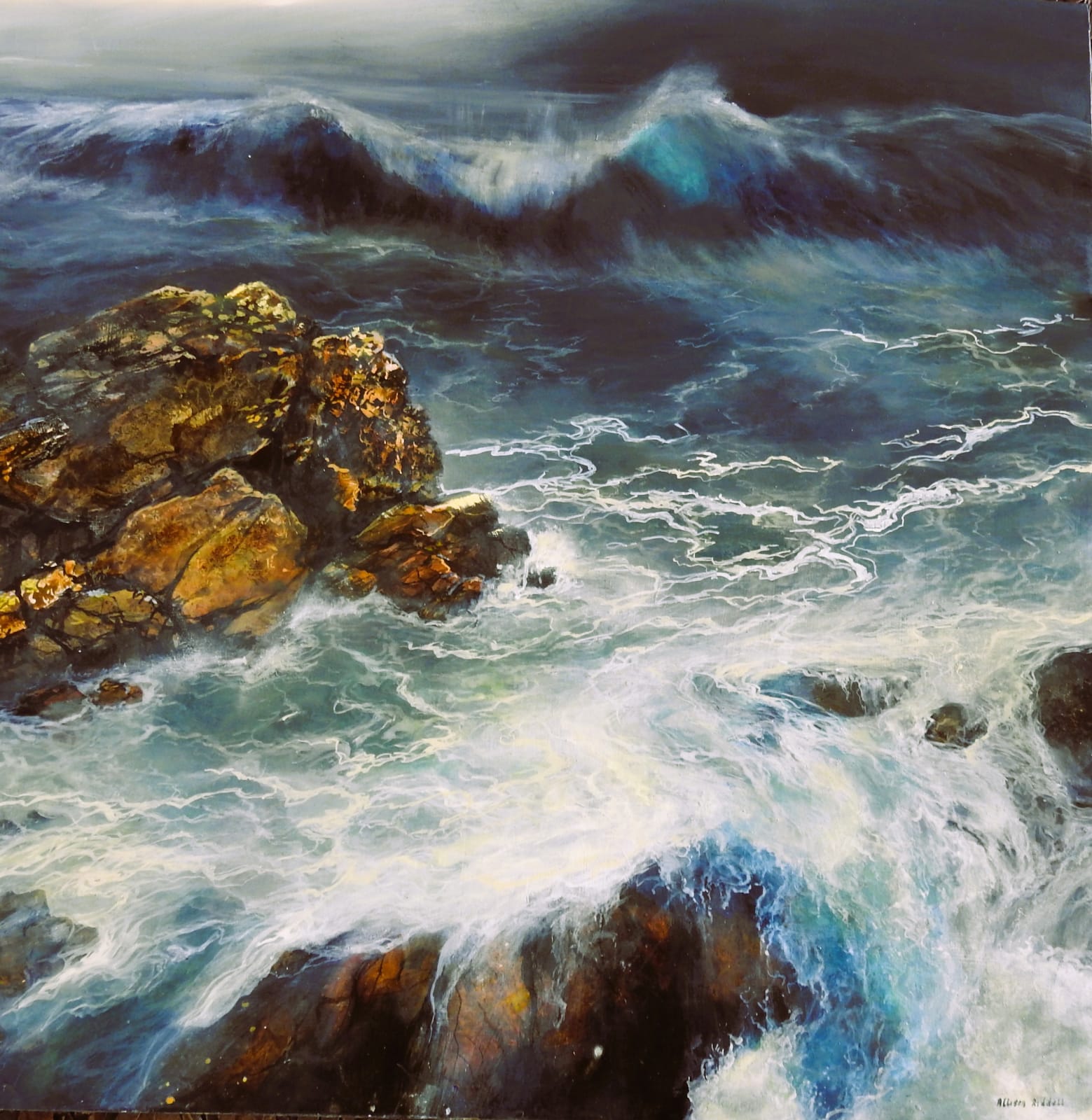 original artwork by allison riddell at alchemist gallery dingwall exhibition woolie hats and wellies dornoch embo artwork mixed media acrylic and oil scottish scenery landscape inspired by the coast high tide original artwork