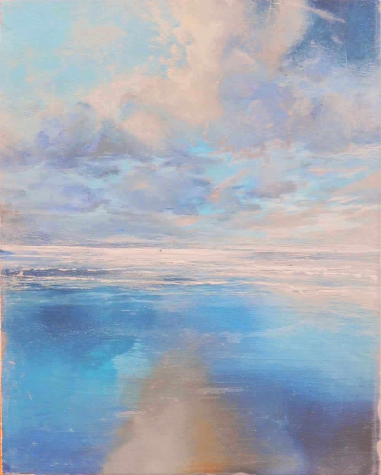 original artwork by allison riddell at alchemist gallery dingwall exhibition woolie hats and wellies Dornoch embo artwork mixed media acrylic and oil scottish scenery landscape inspired by the coast dornoch firth original artwork perfect day embo