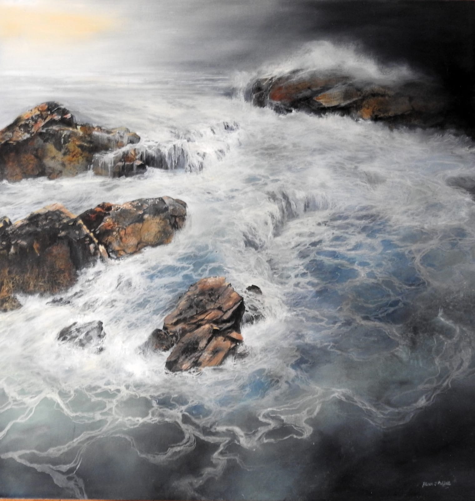 original artwork by allison riddell at alchemist gallery dingwall exhibition woolie hats and wellies dornoch embo artwork mixed media acrylic and oil scottish scenery landscape inspired by the coast sea cauldron original artwork