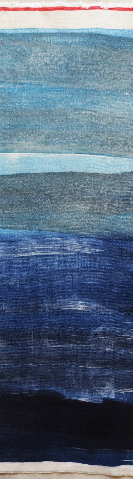 buy textile art artist original Aimee Coulshed Highlands Scottish square framed textile art monoprint organic stitch resist linen patchwork with embroidery Deep Blue Duncan of Jordanstone Dundee