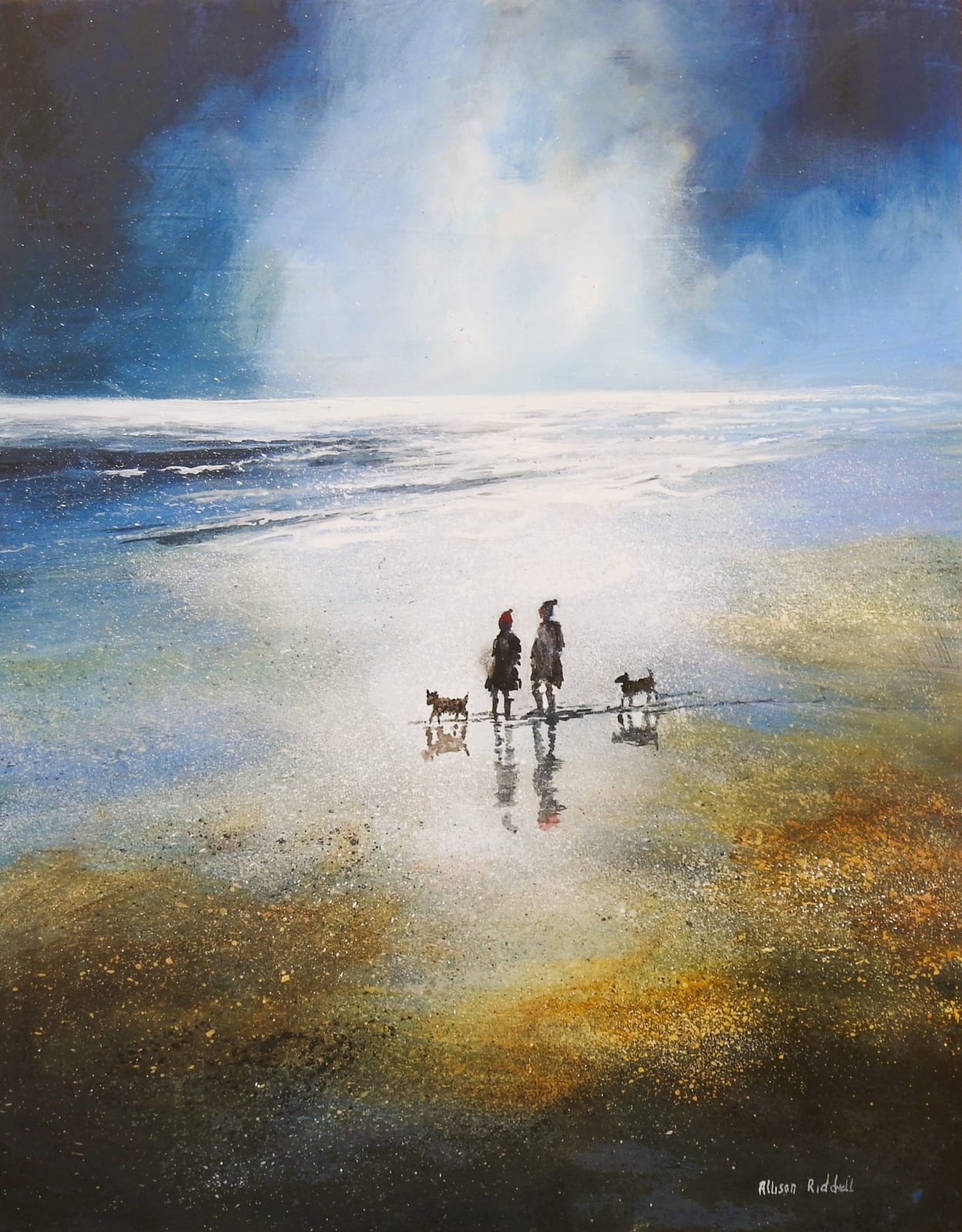 original artwork by allison riddell at alchemist gallery dingwall exhibition woolie hats and wellies Dornoch embo artwork mixed media acrylic and oil scottish scenery landscape inspired by the coast dornoch firth original artwork by the shore