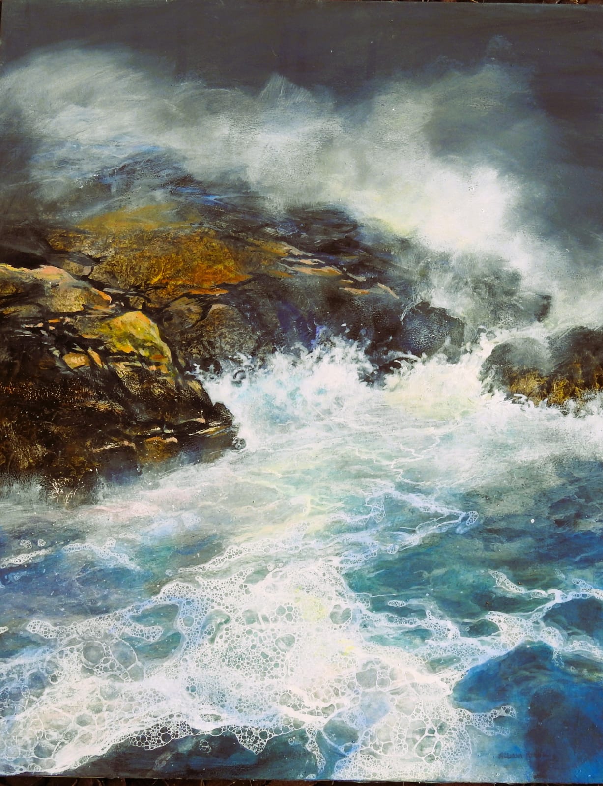 original artwork by allison riddell at alchemist gallery dingwall exhibition woolie hats and wellies Dornoch embo artwork mixed media acrylic and oil scottish scenery landscape inspired by the coast spume dornoch firth original artwork