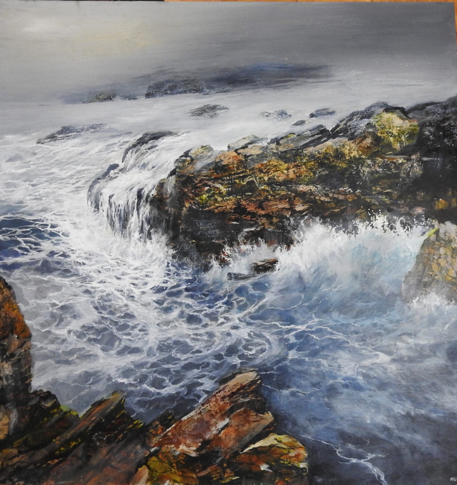 original artwork by allison riddell at alchemist gallery dingwall exhibition woolie hats and wellies dornoch embo artwork mixed media acrylic and oil scottish scenery landscape inspired by the coast sea hoolie artwork