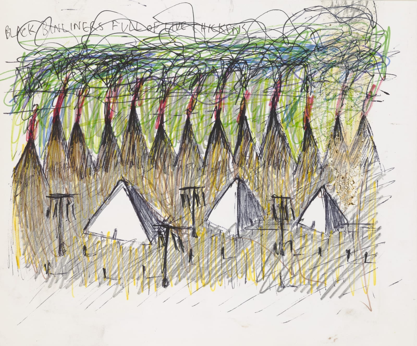 Stanley Donwood, pyramids, scarecows, volcanoes, 1999