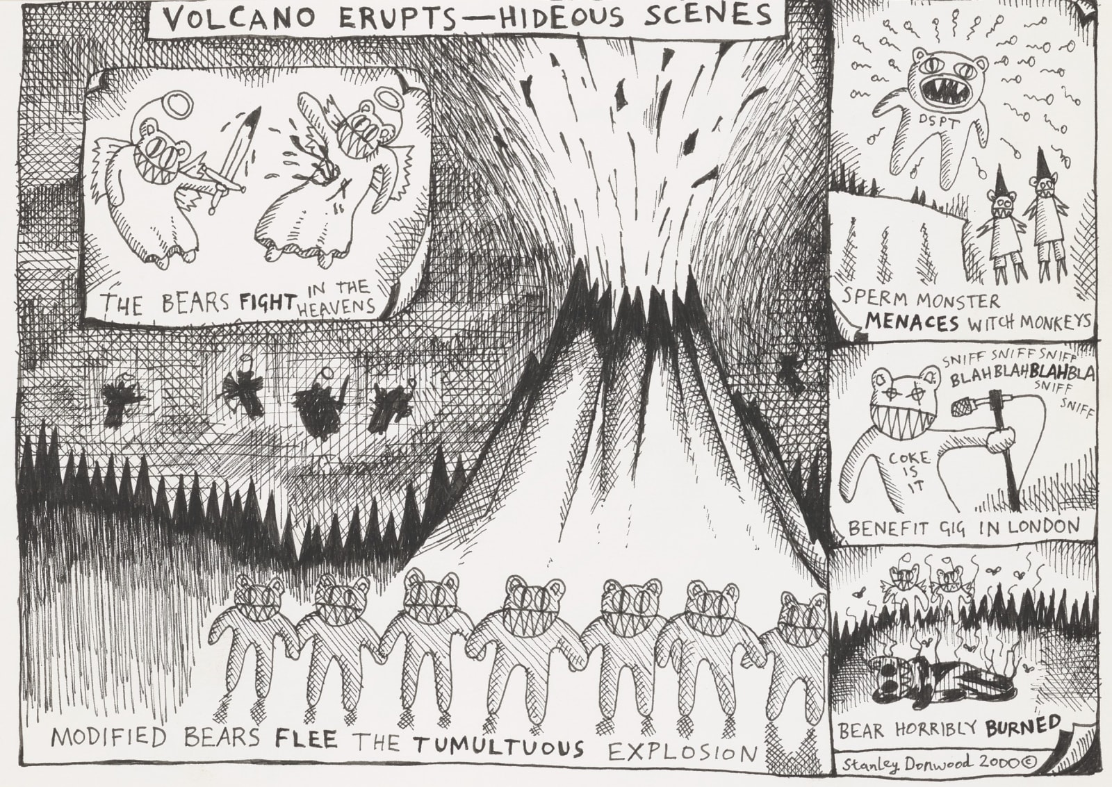 Stanley Donwood, volcano erupts - hideous scenes, 2000