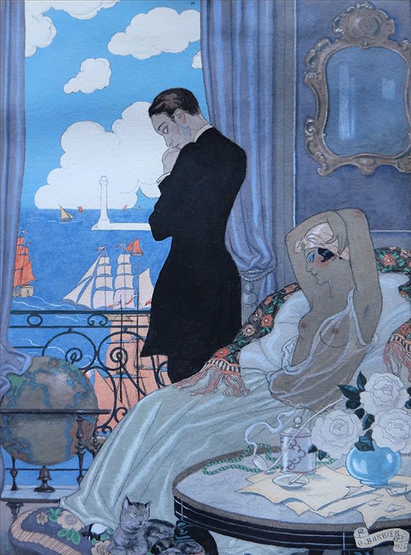 George Barbier, Couple et fenêtre ouverte sur la mer, 1926