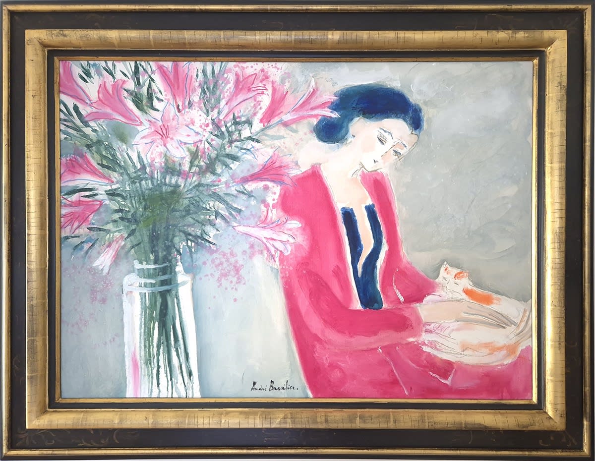 André Brasilier, Femme à la lecture, au chat et au vase de fleurs