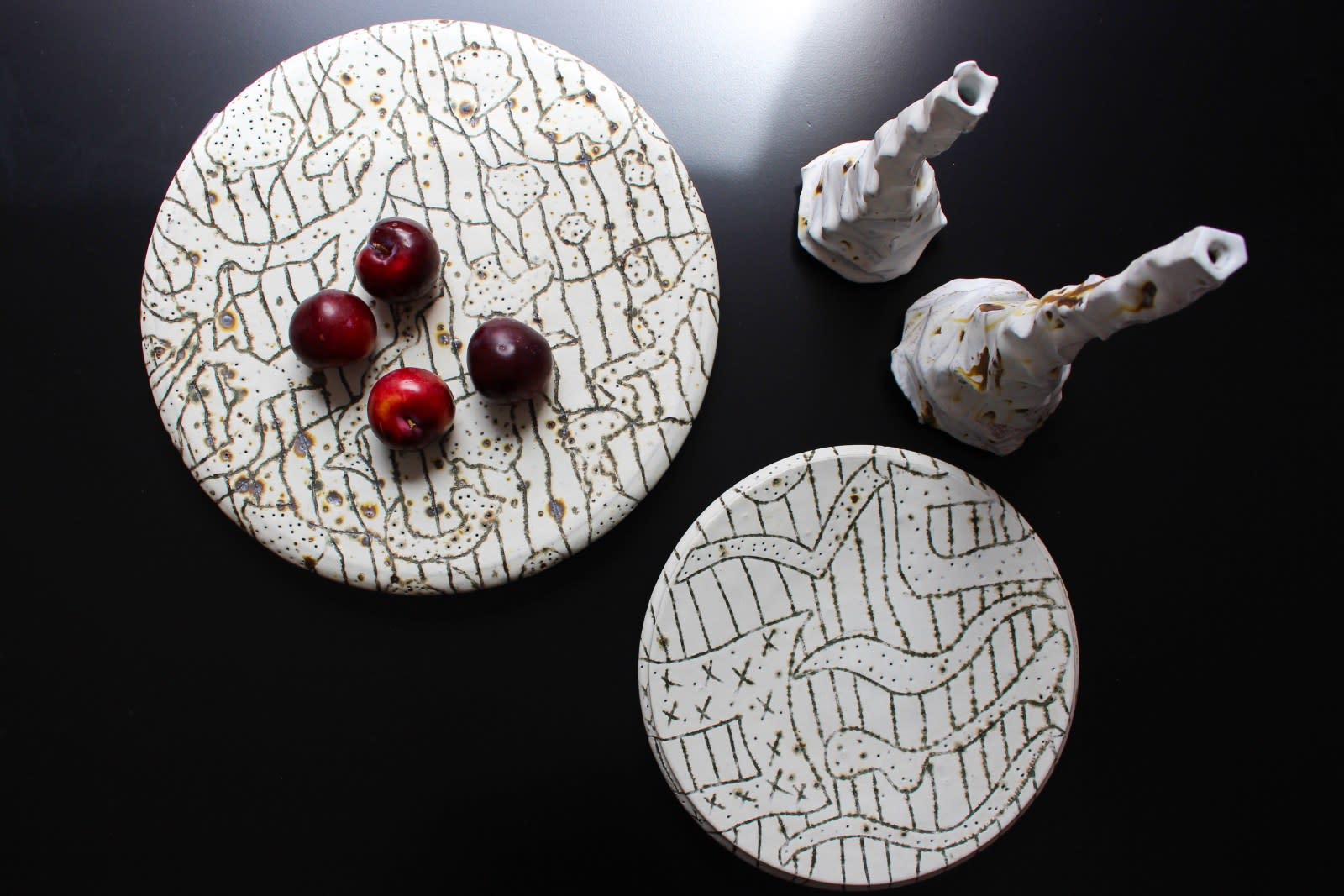 Giles le Corre, Large Etched Platter £485.00 Gilles Le Corre, Small Etched Plate £260.00 Gilles Le Corre, Bottles £125.00 - £160.00
