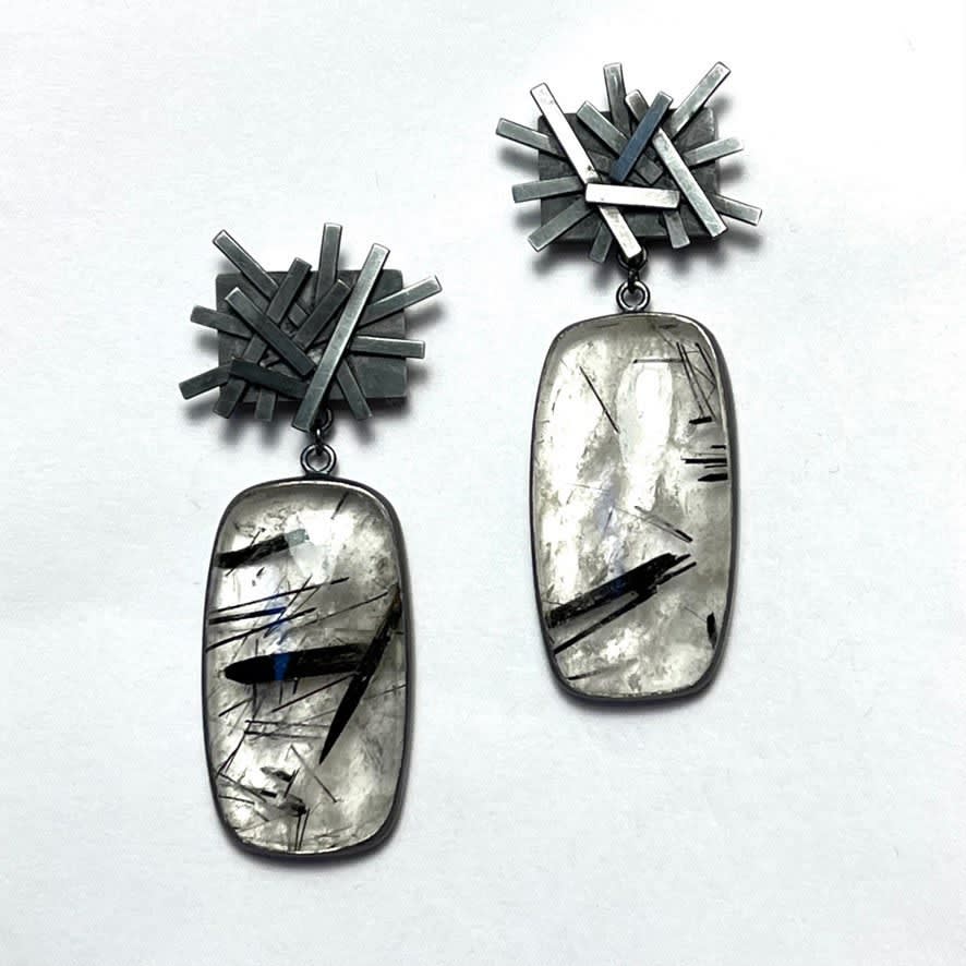 Claire Underwood Winter Thorn Earrings , 2022 Tourmaline in quartz stones set in oxidised sterling silver H40 x W14 x D4 mm