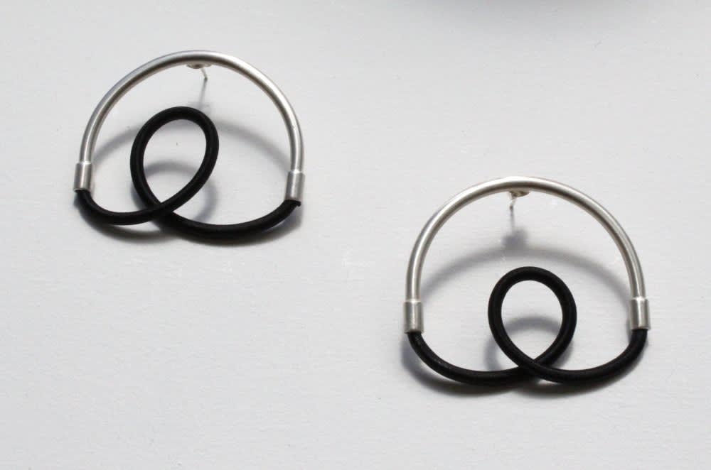 Gilly Langton One Off Earrings - Black , 2022 Silver & Elastic H4x W3 x D0.4 cm