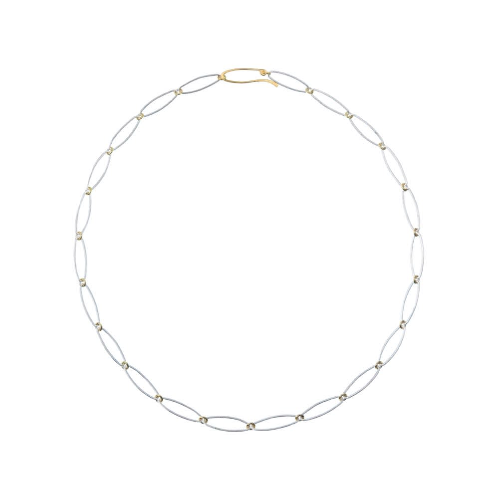 Hendrike Barz-Meltzer Timeless Necklace With Elegant Links, 2021 Recycled silver Recycled 24ct gold & solid 18ct single mine origin (SMO) (Korean Keum-Boo technique – a heat-bonding process of silver and pure gold) Gold for the small jump rings & clasp Size of each element: 17 x 5mm Length of necklace: 41.5cm