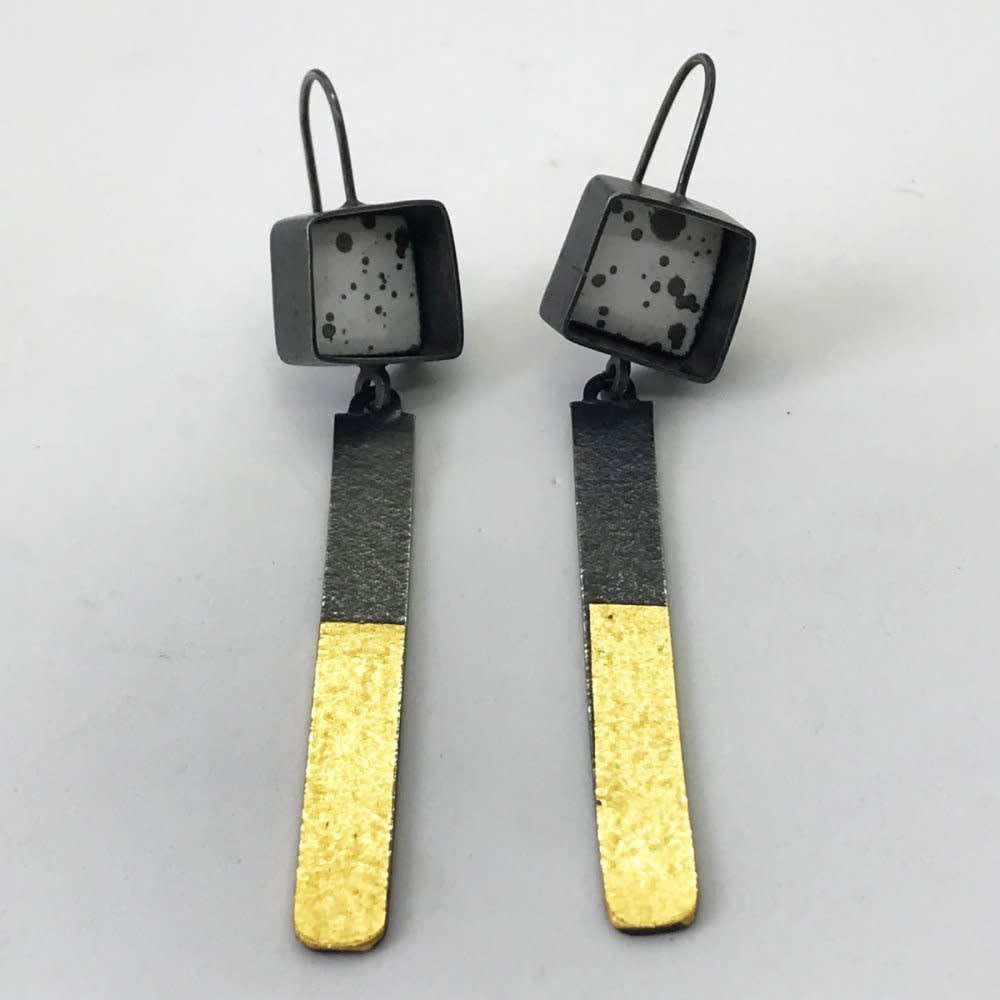 Rachel Brown Square Earrings With Drop, 2022 Silver, Copper, Enamel, Graphite, 24ct Gold H6.5 x W1.2 x D0.6 cm