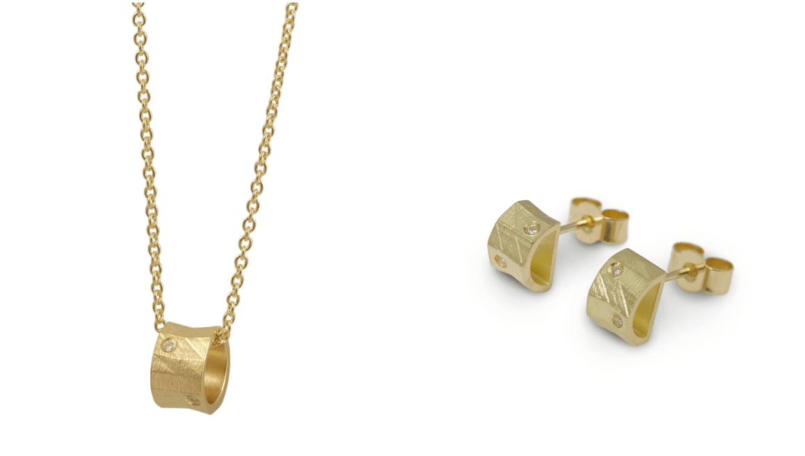 Kathryn Hinton, 18ct Yellow Gold Faceted Tube Pendant with Diamonds & 18ct Yellow Gold Faceted Curve Earrings with Diamonds, 2022.