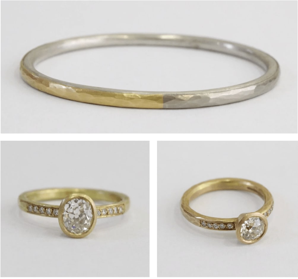 Malcom Betts, Silver and White Gold Bangle - 18ct White Gold, 20ct Gold, Gold Diamond Ring & Rose Gold Diamond Ring, 2019.