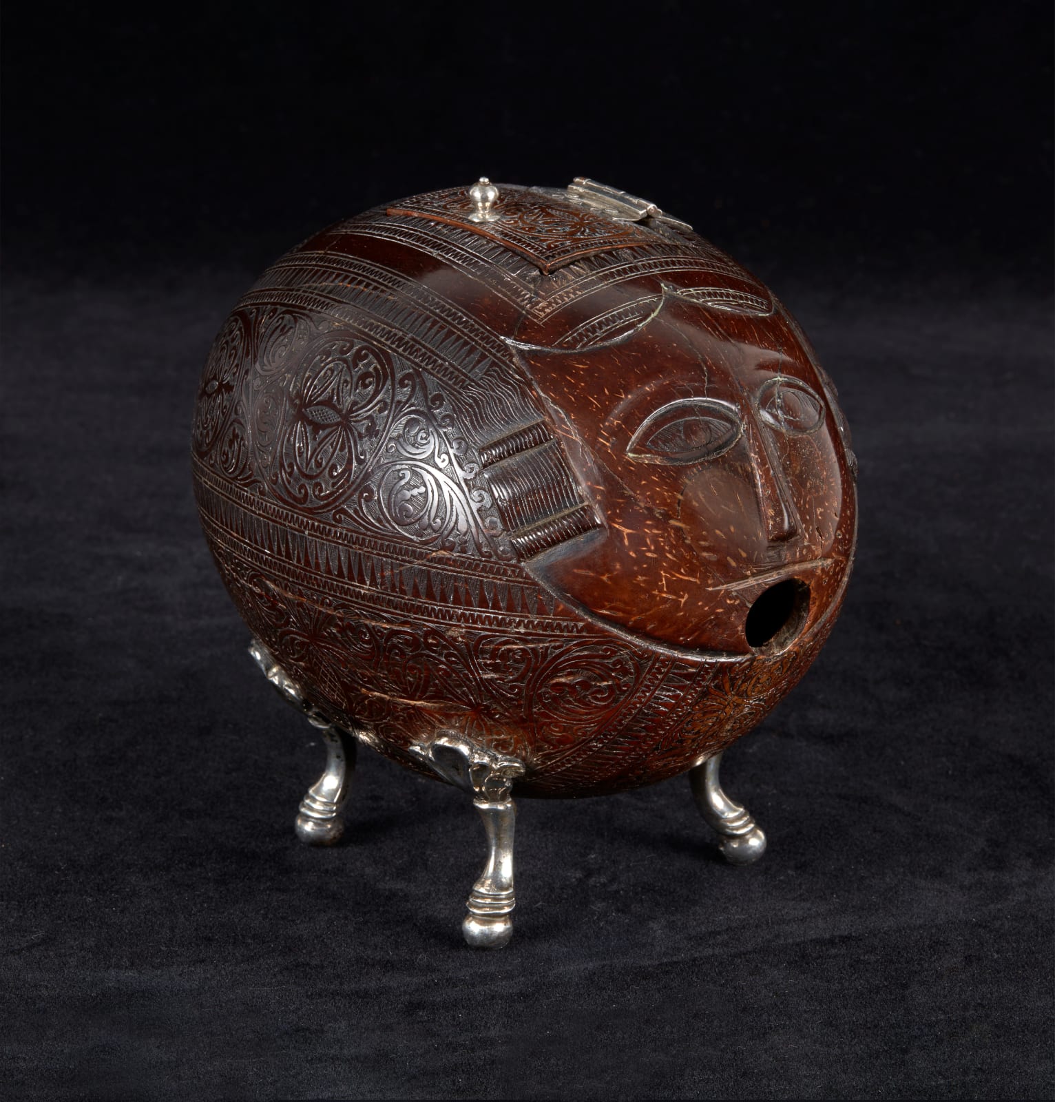 COCONUT MONEY BOX WITH SILVER MOUNTS (ALCANCIA), Guatemala, 18th Century