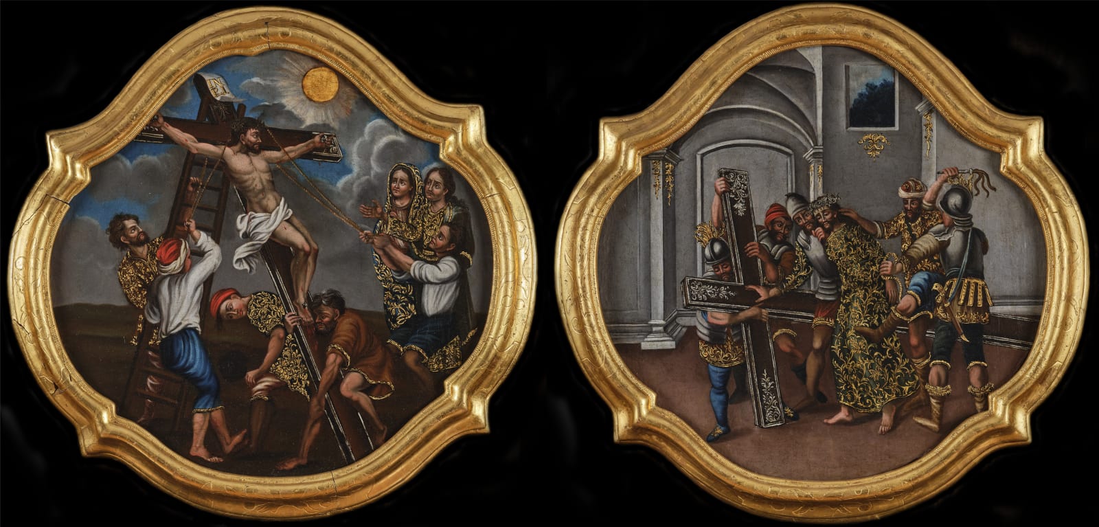 JESUS NAILED TO THE CROSS & SIMON OF CYRENE HELPING JESUS, Unidentified artist, Guatemala, 18th Century