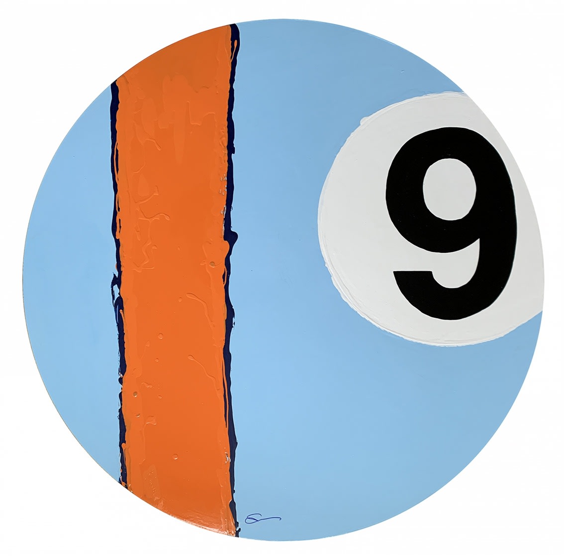 Gulf racing colours oil painting with number 9 in orange and blue by artist Stephen Charlton