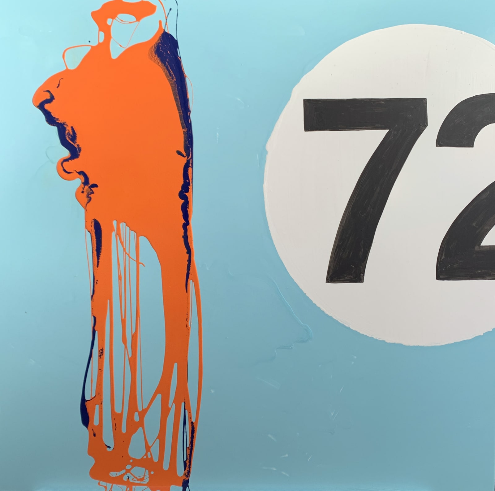 Gulf racing colours oil painting with number 72 in orange and blue by artist Stephen Charlton