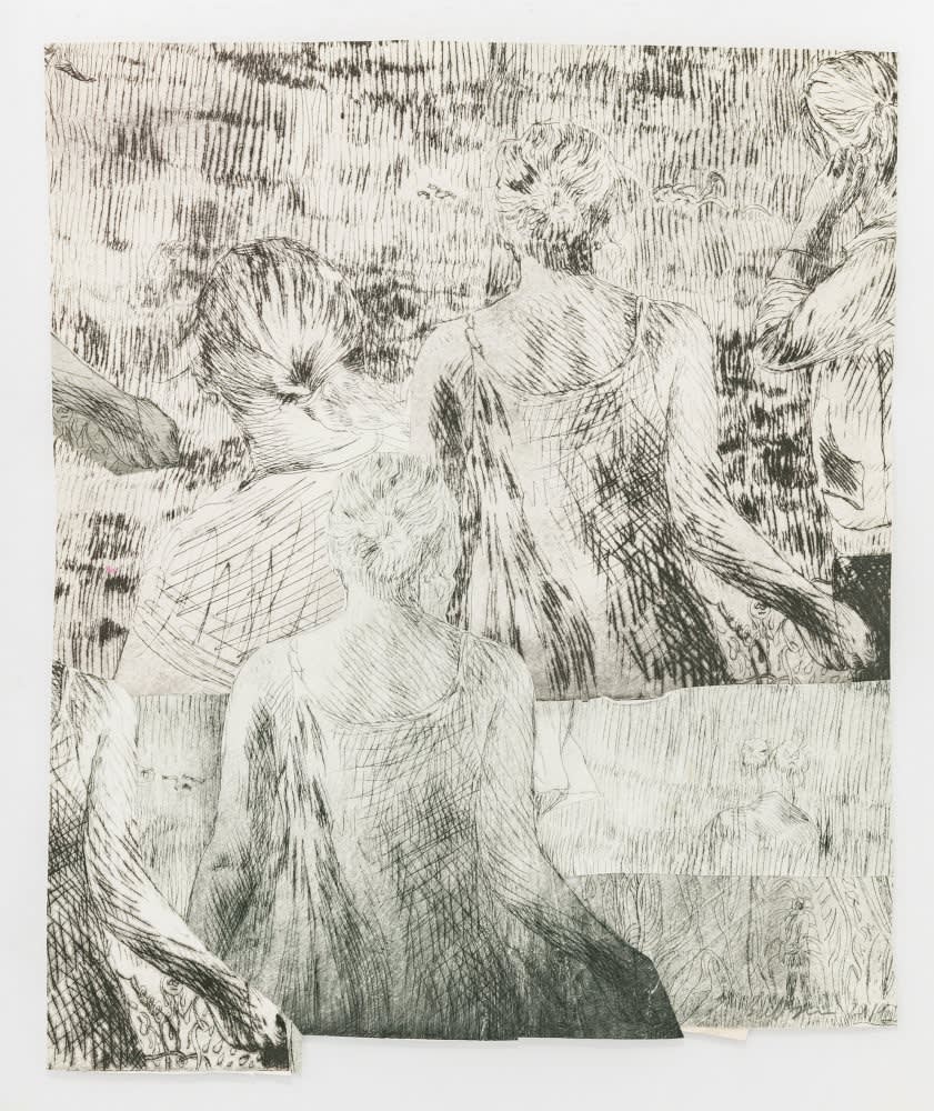 Idun Baltzersen Främmande kropp i huden II / Alien Body in the Skin II, 2019 Torrnål på papper, collage / Drypoint on paper, collage 42 x 35 cm