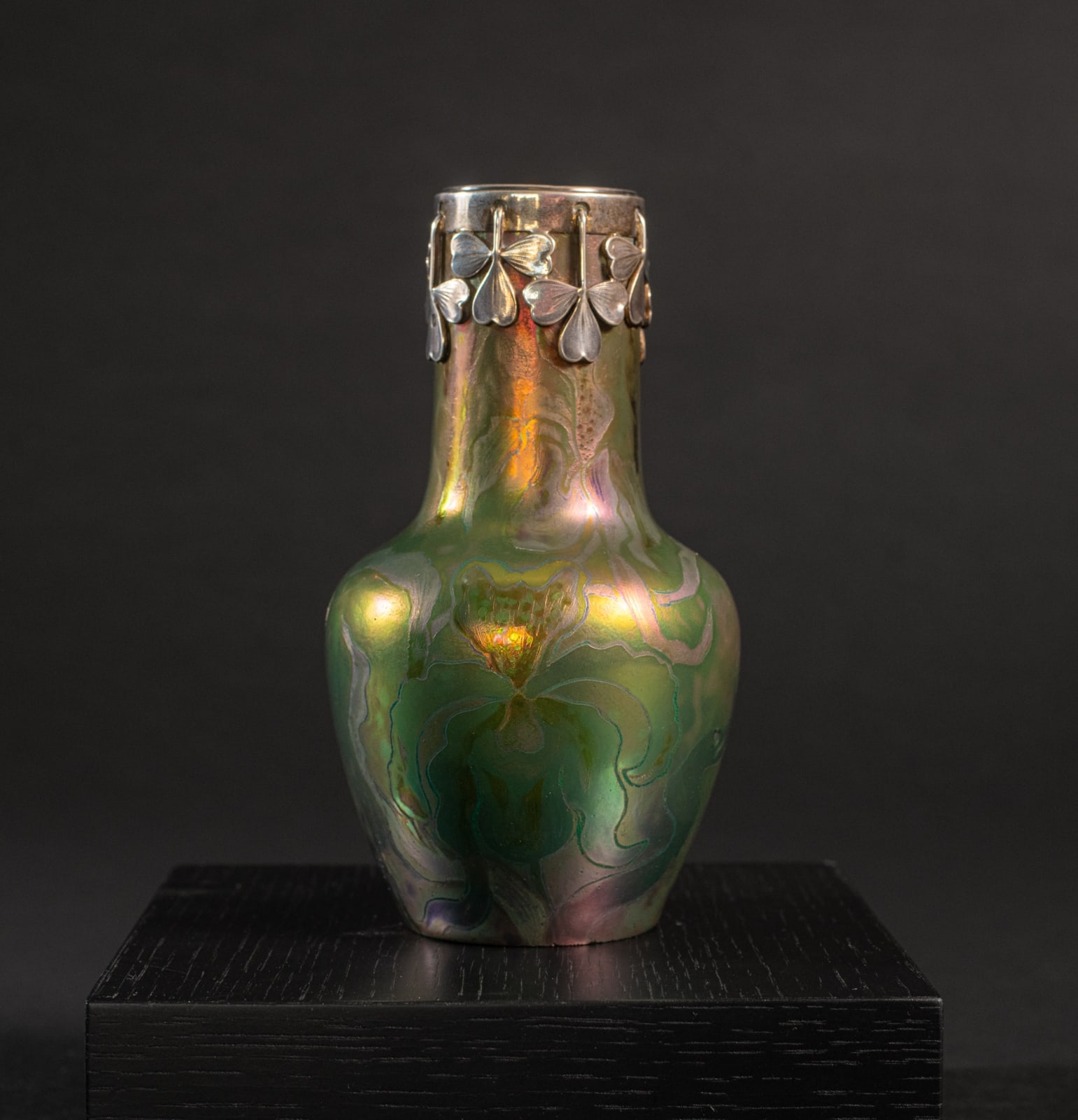 Massier, Iris Cabinet Vase with Silver Clover Leaf Collar,  c. 1900