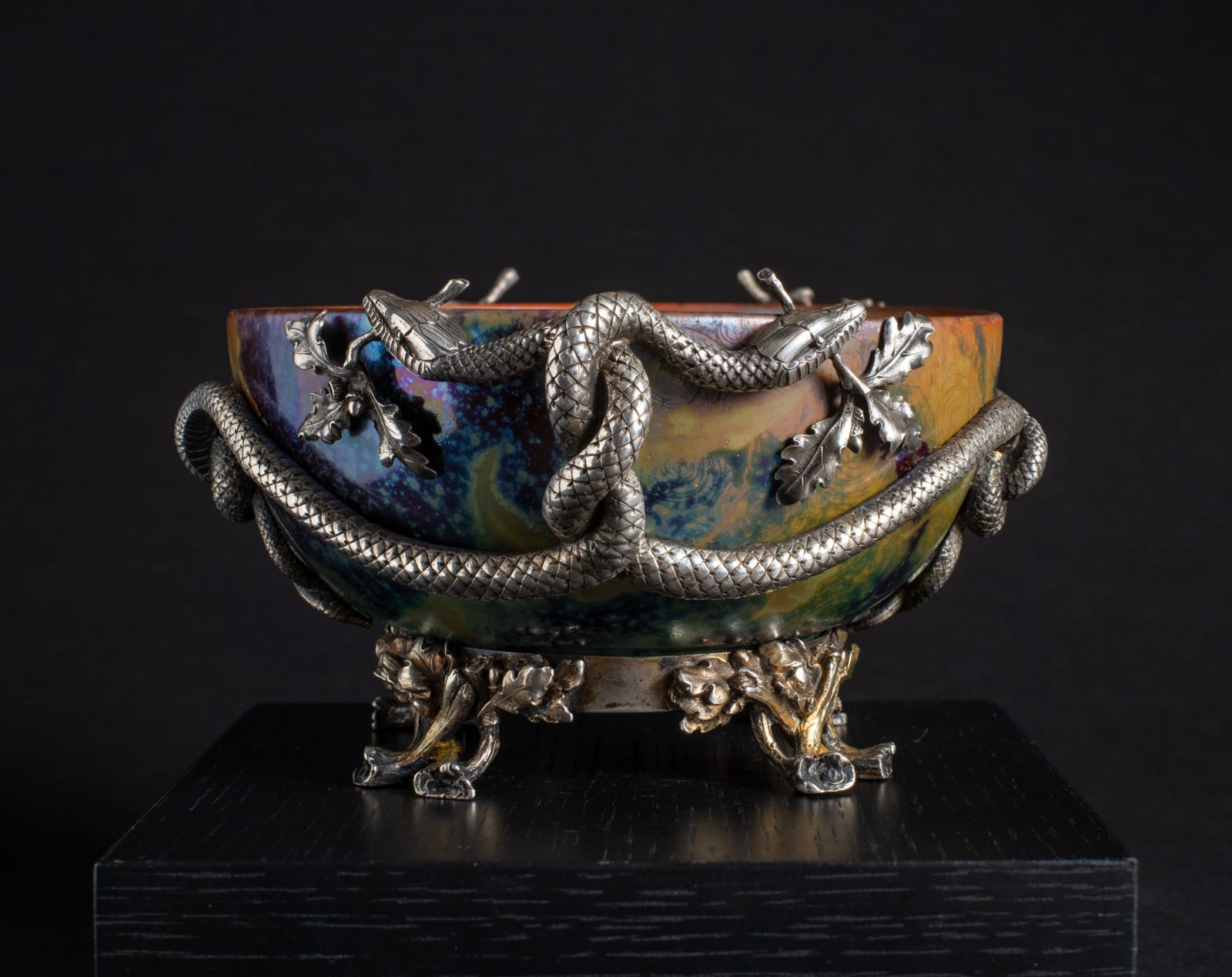 Massier, Leafy Bowl in Silver Entwined Serpent Mount,  c. 1895