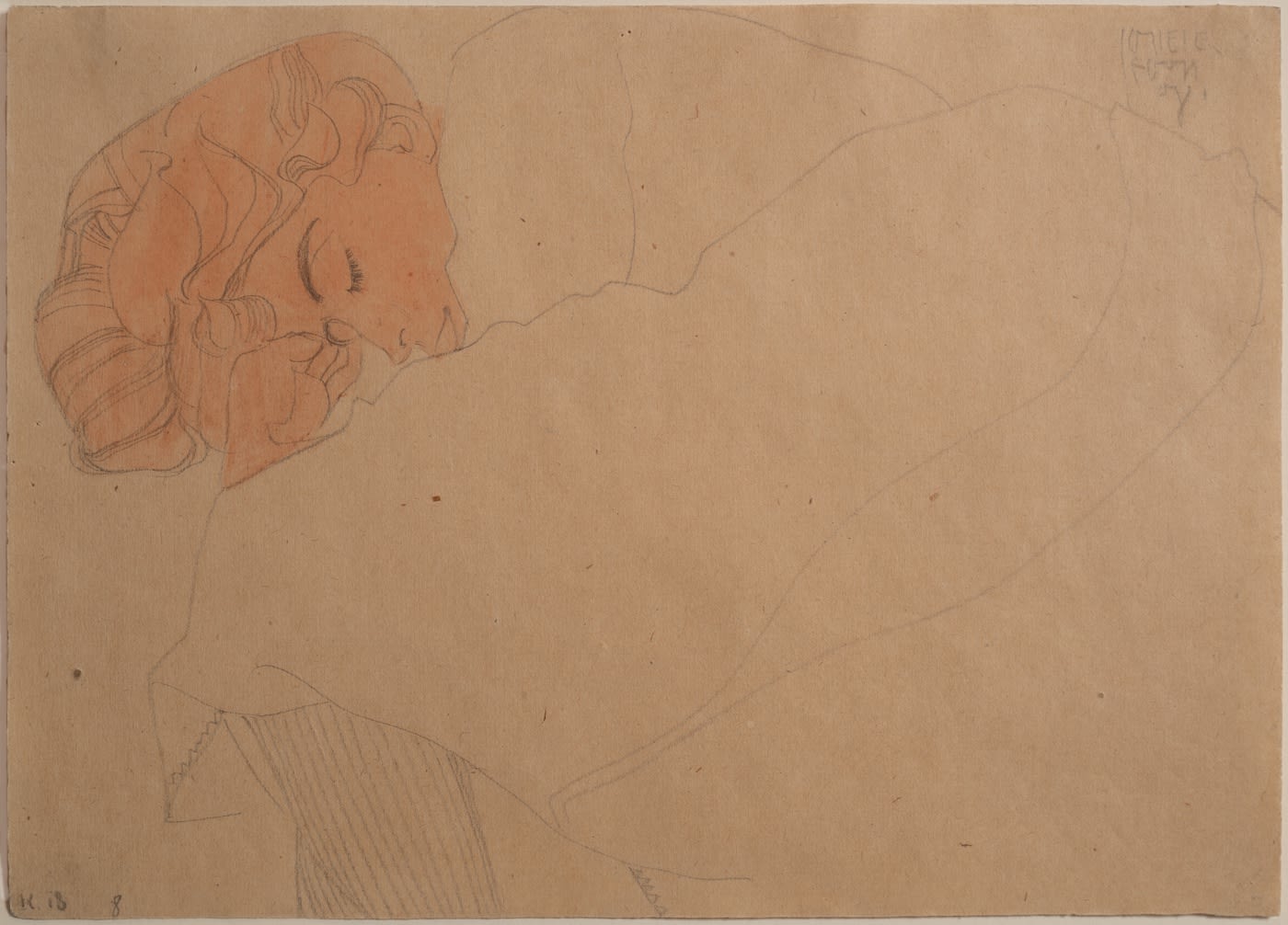 Egon Schiele, Schlafendes Mädchen (Portrait of Melanie Schiele; Study for Danae),  1908