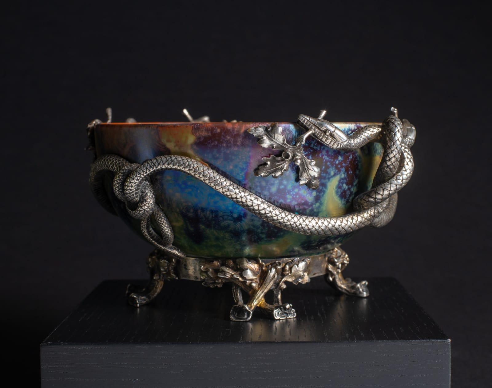 Massier, Leafy Bowl in Silver Entwined Serpent Mount,  c. 1895